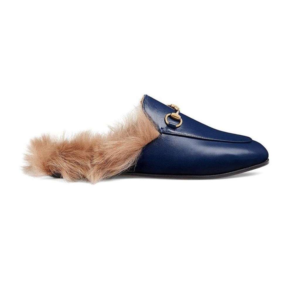 Women's Gucci Blue Princetown Leather Loafers With Fur size 38 1/2